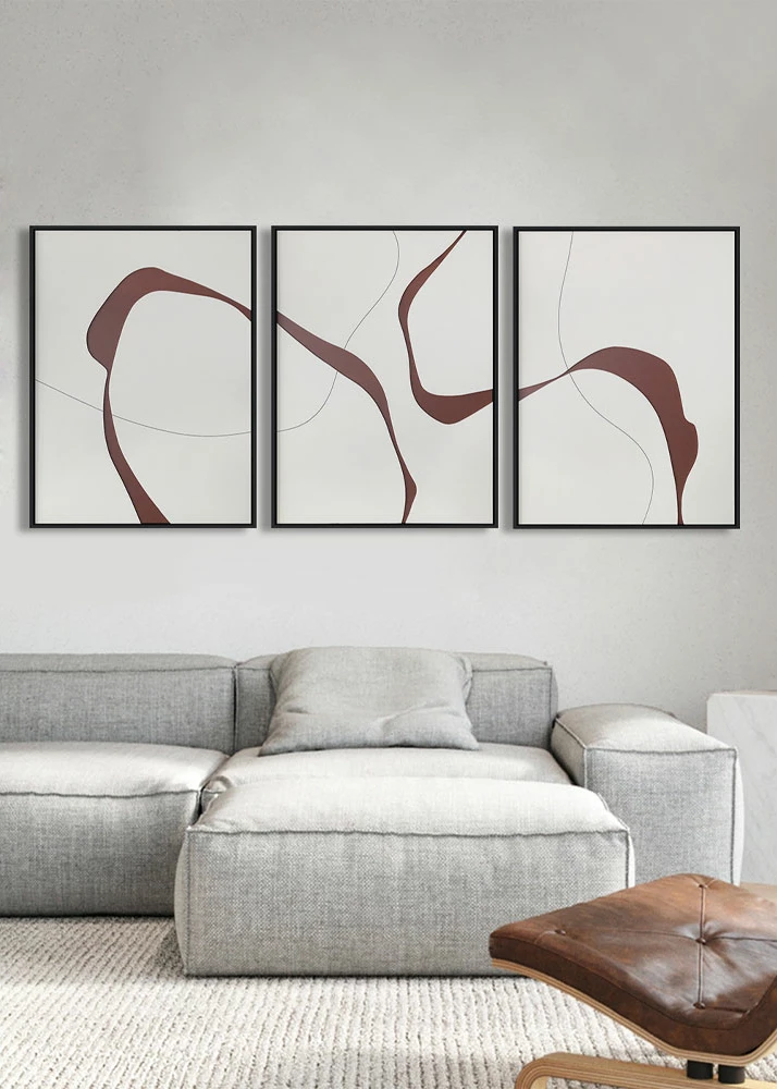 Set pikturash dekorative, 3 copë, kanavacë e bardhë, detaje bordo, MDF i zi, 60x240x4 cm