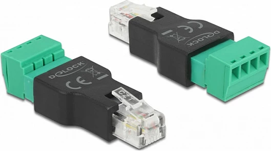 Adapter DeLOCK RJ11/14 mashkull në bllok terminali 4-pin, 300 V, 8 A, zi/jeshil