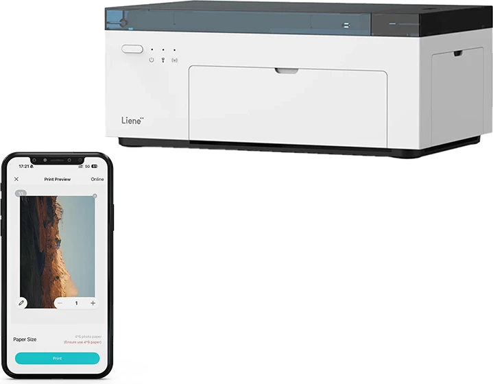 Printer foto portativ Liene Amber M100 4x6 inç, Wi‑Fi, 300 DPI, i bardhë, set me 100 fletë + 3 kartridgje