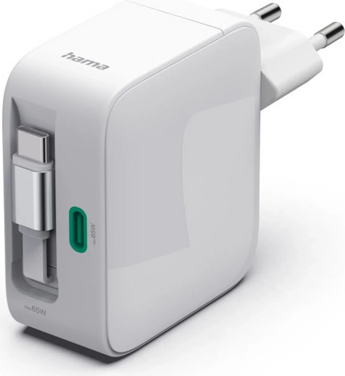 Karikues Hama GaN 65W, 2x USB-C, kabllo e tërheqshme, i bardhë