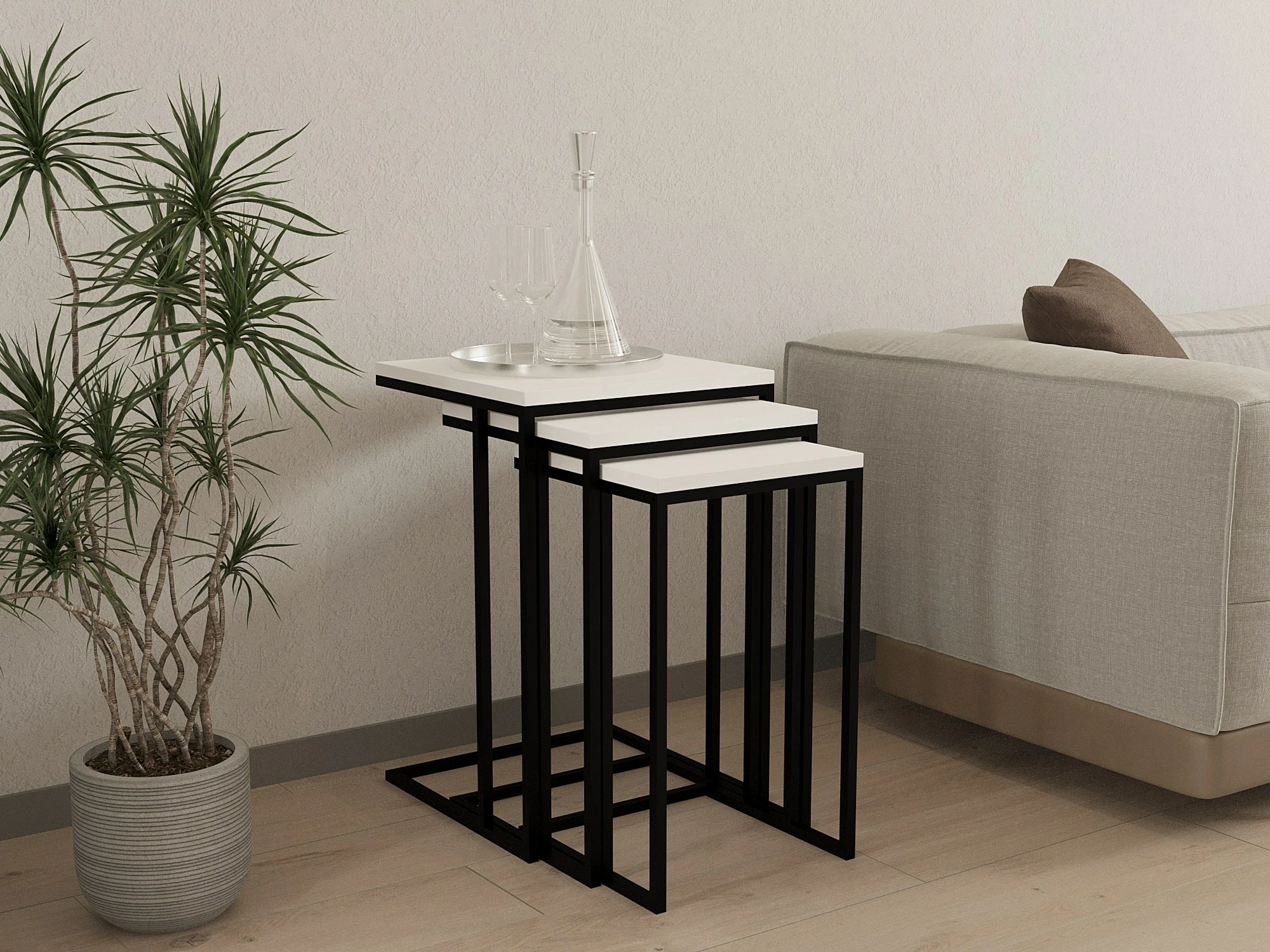 Set tavolinash ndihmëse, 3 copë, Hanah Home, Venedik, e bardhë/zezë