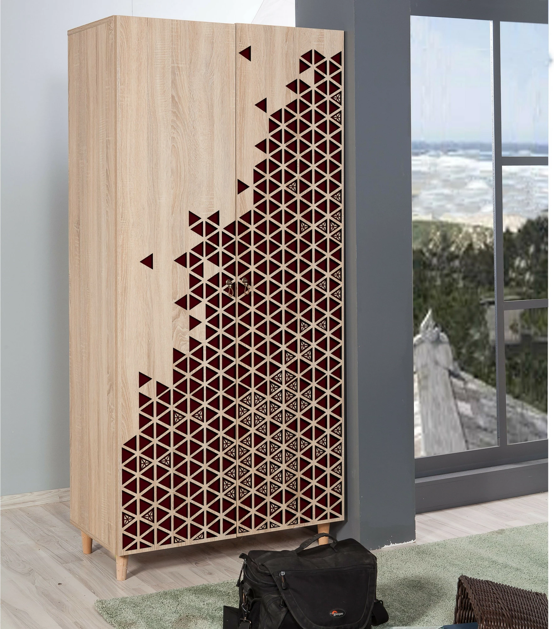 Dollap modern, ngjyrë sonoma oak, këmbë druri, doreza metalike e litar, Stil - 122, Skye Decor, 90x192x52cm