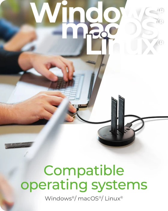 stacion dokimi dhe klonimi ICYBOX IB-1612MCL-C31 për 2x M.2 NVMe SSD, USB-C 10 Gbit/s, klonim offline, i zi, set me adaptor rryme dhe kabllo USB-C