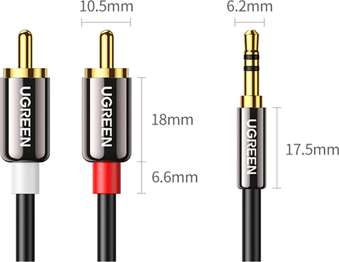 Kabllo audio Ugreen AV116 10584, mini jack 3.5mm në 2RCA, 2m, e zezë