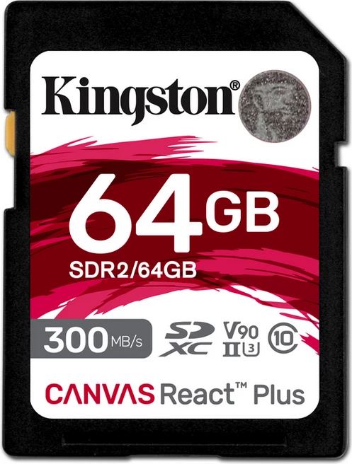 Kartë SDXC, Kingston, Canvas React Plus SDR2/64GB, 64GB UHS-II V90 300MB/s, bardhë/e kuqe