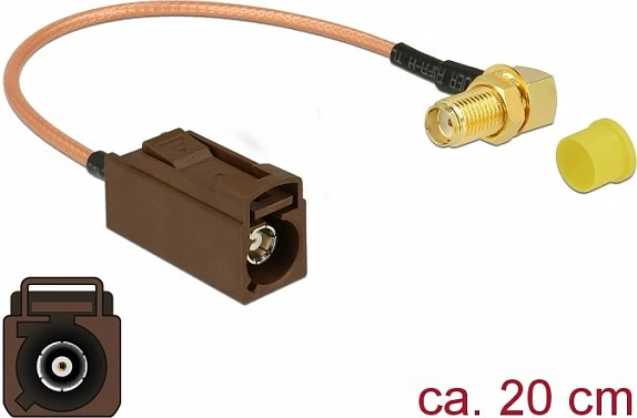 Kabllo antene DeLOCK 89684, FAKRA F (femër) në SMA (femër) me kënd, 0.2 m, RG-316, 50Ω, 2.4GHz, zezë/kafe/ari/verdhë