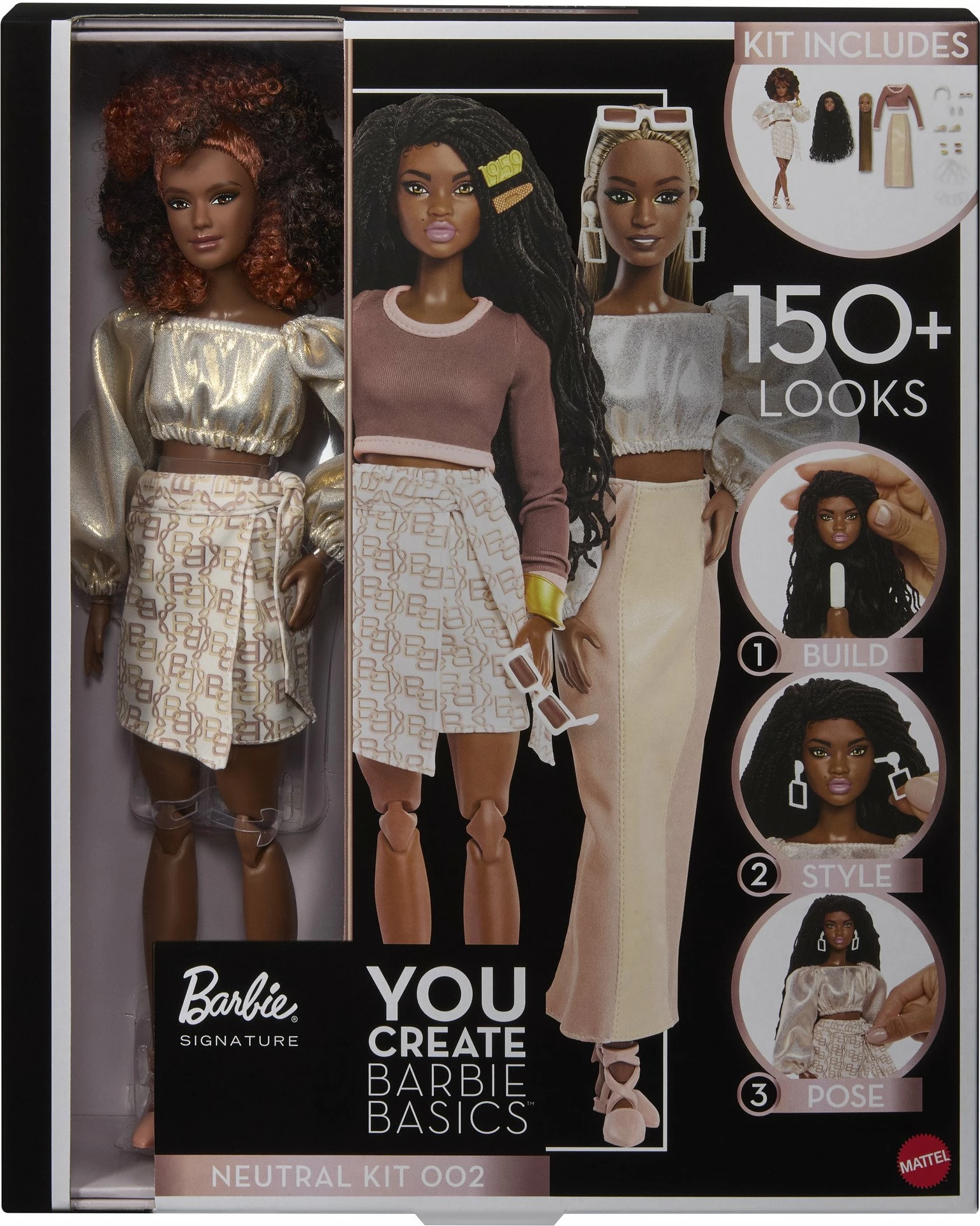 Kukull Barbie Mattel You Create Barbie Basics Neutral Set 002 (JJX36), me 2 koka të ndërrueshme, 4 veshje, aksesorë