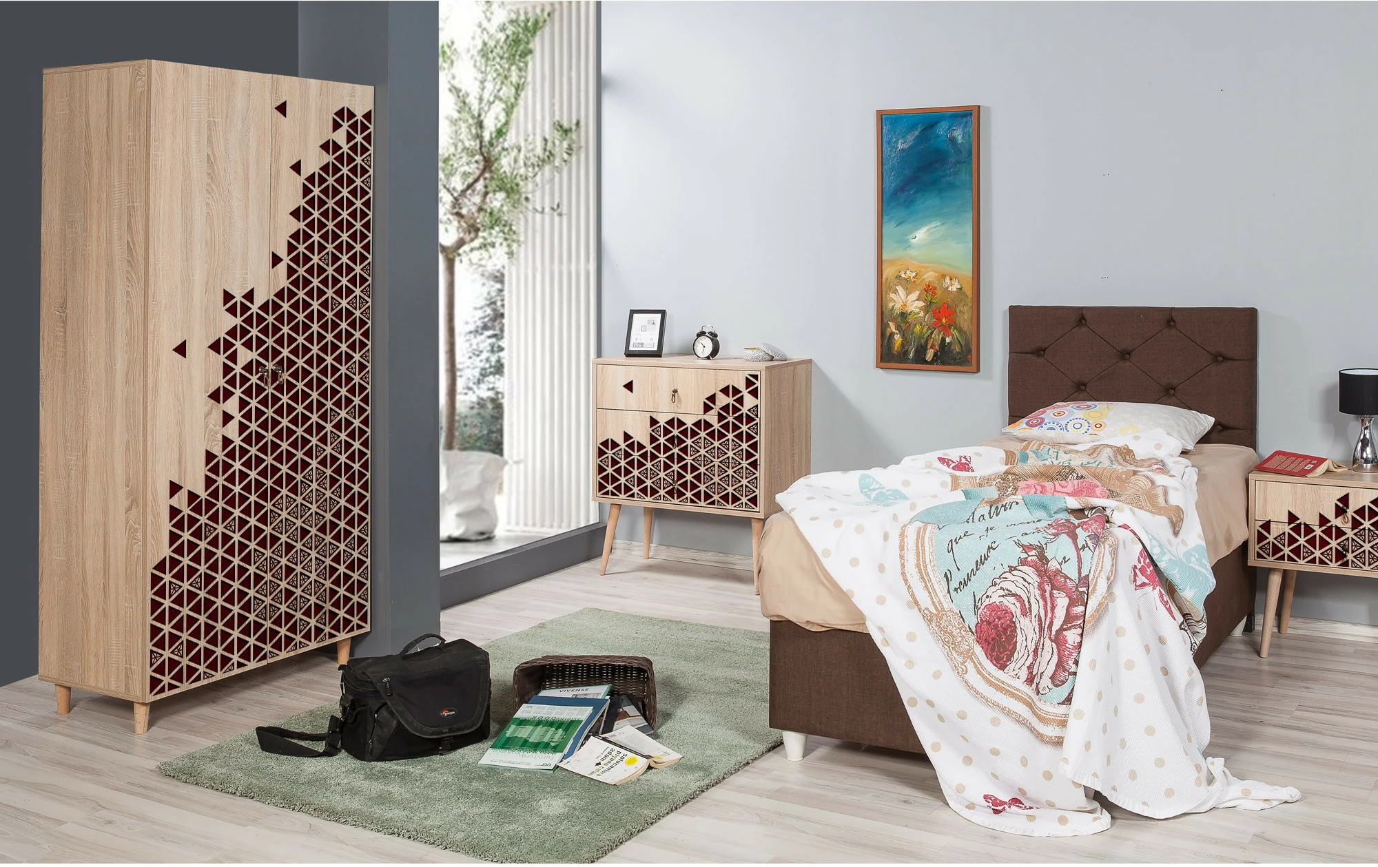 Dollap modern, ngjyrë sonoma oak, këmbë druri, doreza metalike e litar, Stil - 122, Skye Decor, 90x192x52cm