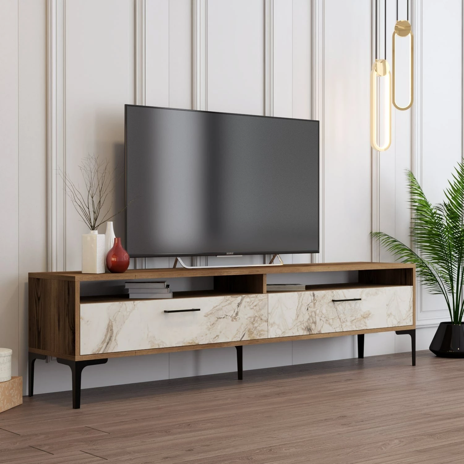 Komodë TV Skye Decor, Istanbul 2, ngjyrë arre dhe mermer i bardhë
