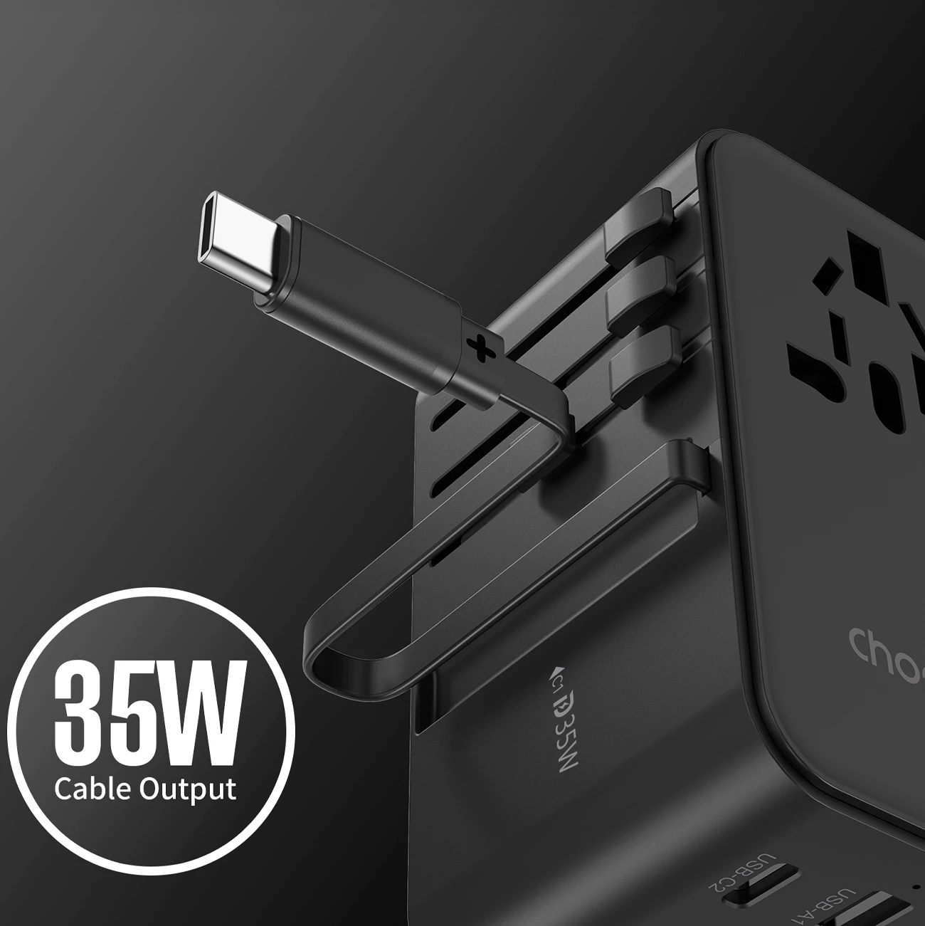 Adapter udhëtimi Choetech PD5020 me karikim të shpejtë 35W, 4 porta, USB-C/USB-A, i zi