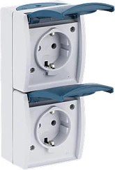 Prizë dyfishe BUSCH-JAEGER 2084-0-0701, Schuko CEE 7/3, IP44, 16A/250V, blu/bardhë