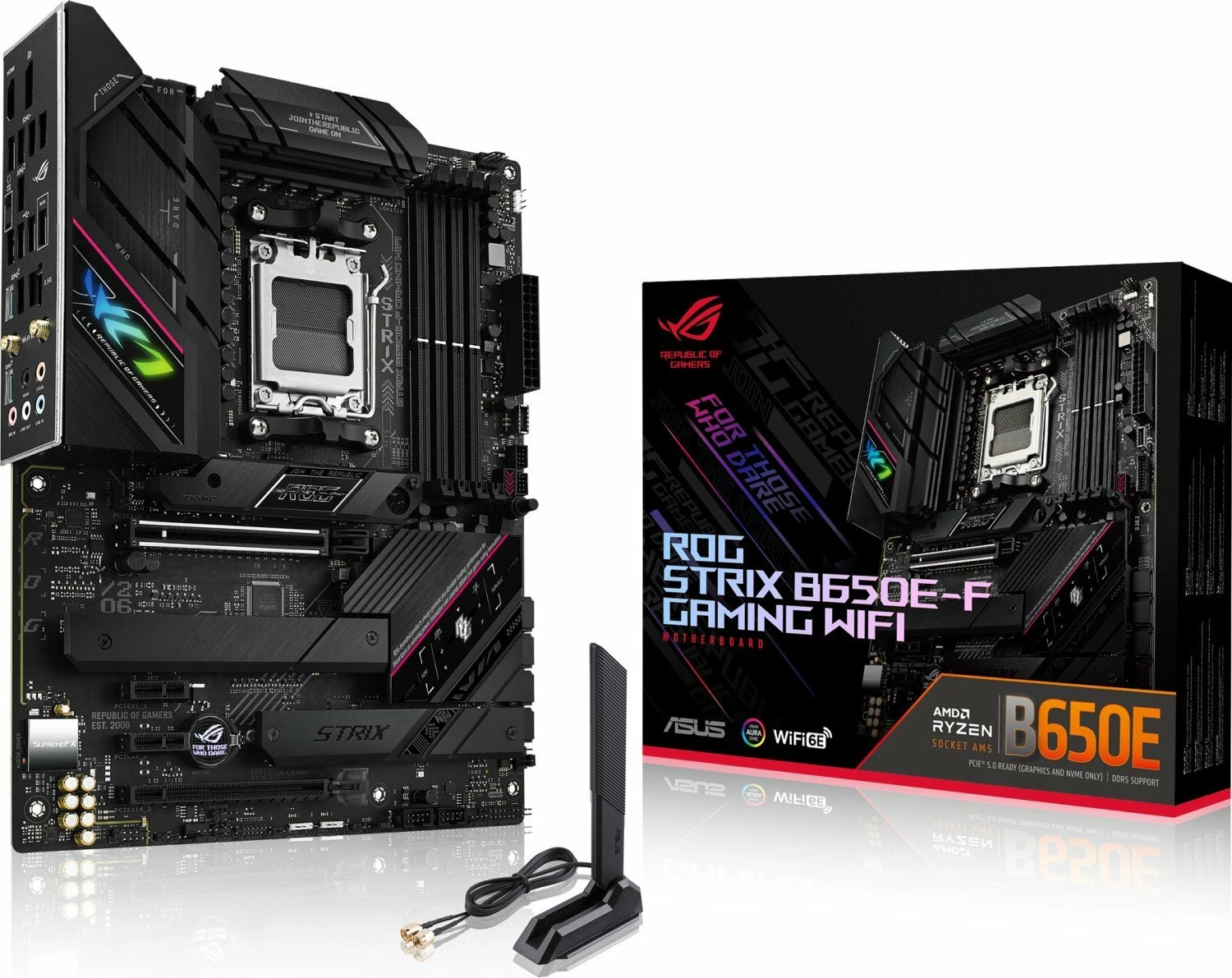 Pllakë amë Asus ROG STRIX B650E-F Gaming WiFi, ATX, DDR5, PCIe 5.0, WiFi 6E, e zezë, set me antenë WiFi dhe 2x kabllo SATA