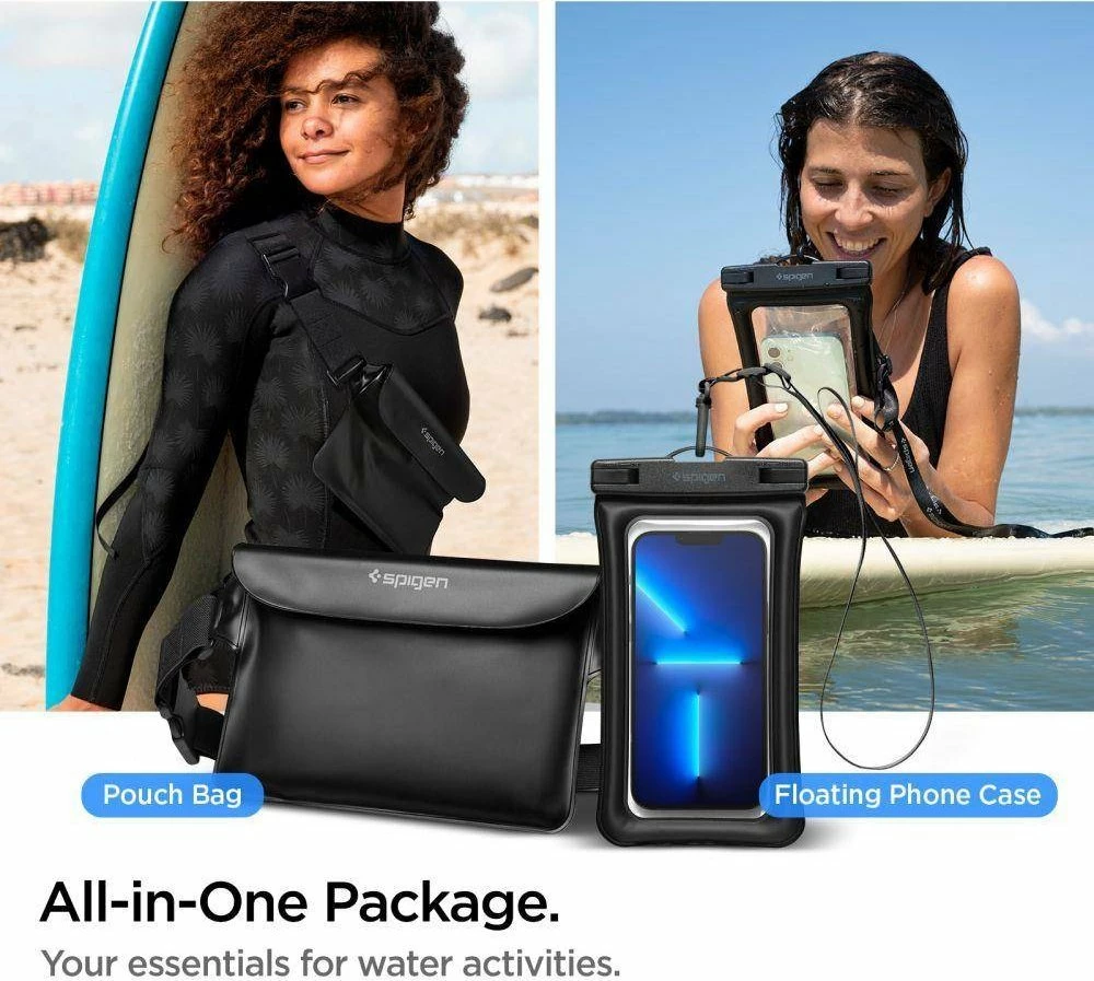 Set mbrojtës i papërshkueshëm nga uji Spigen A621 universal për celular + çantë beli, IPX8 30m, Zi