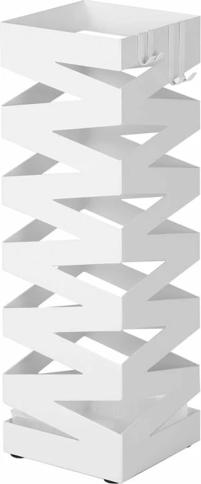 Mbajtëse ombrellash metalike SONGMICS LUC16W, 15.5 x 15.5 x 49 cm, me grepë & tabaka pikimi, e bardhë, set 1 copë + tabaka + 4 grepë