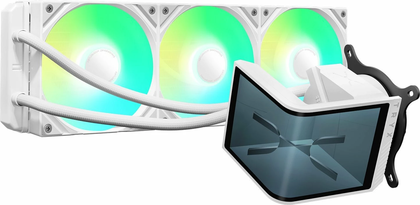 Ftohës uji AiO për CPU TRYX Panorama SE ARGB 360 (L-P360L-AM3M-G0W), 3x120mm PWM, ekran 3D AMOLED 2K 60Hz, e bardhë