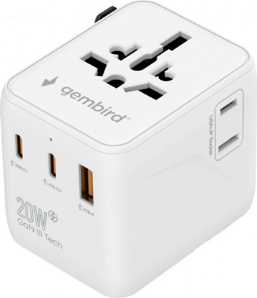Adapter udhëtimi universal murit, Gembird, TPA-1A2C20-01-W, 20W GaN me 2x USB-C + USB-A dhe prizë AC, me plugje US/UK/EU/AU, i bardhë