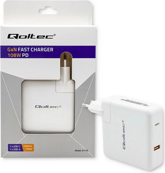 Karikues murit Qoltec GaN FAST 108W, 2 dalje USB/USB-C, i bardhë