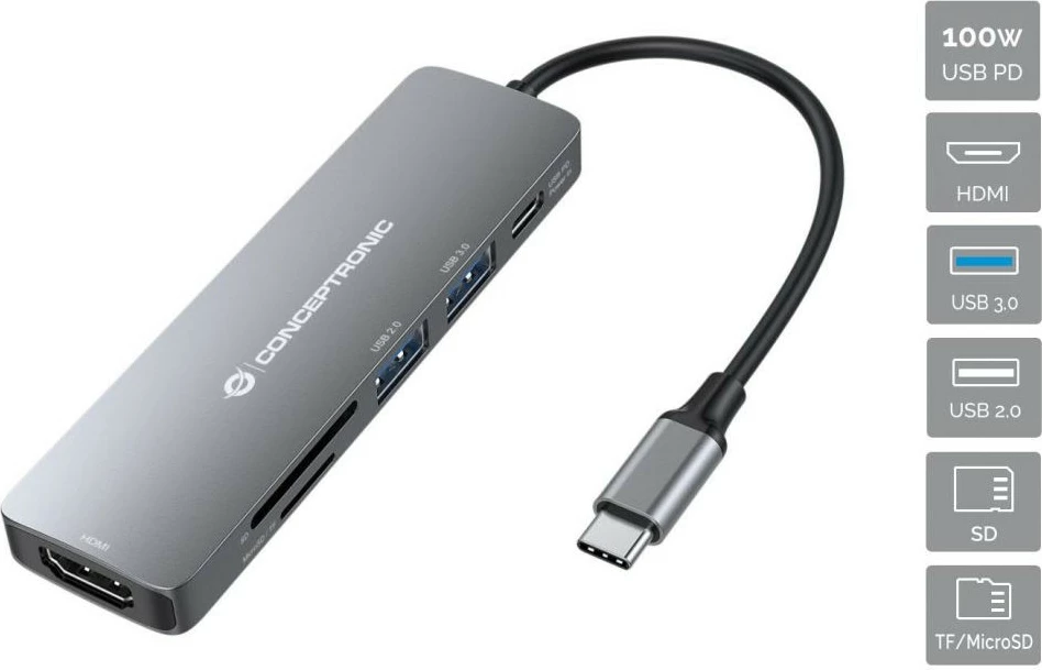 Dock USB-C Conceptronic 6-1, HDMI, 2xUSB-A, SD, TF/MicroSD, 15cm, gri