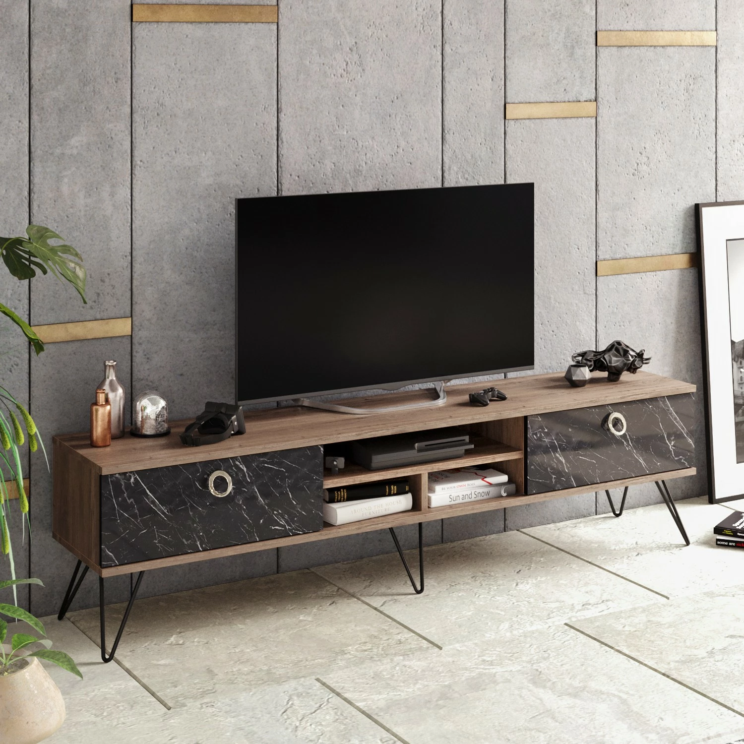 Komodë TV Skye Decor, Lorenz, ngjyrë arre dhe e zezë