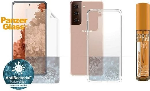 Set mbrojtës PanzerGlass për Samsung Galaxy S21+, folje TPU + Mbështjellës ClearCase + sprej pastrues 30ml, Transparent