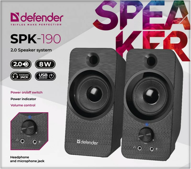 Bokse DEFENDER SPK-190 2.0 8W USB, të zeza