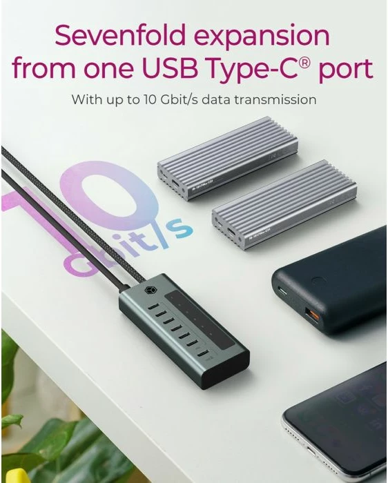 USB-C hub ICYBOX IB-HUB1457-C31 7-port USB 3.2 Gen 2 10 Gbit/s me PD 20 W, gri/blu