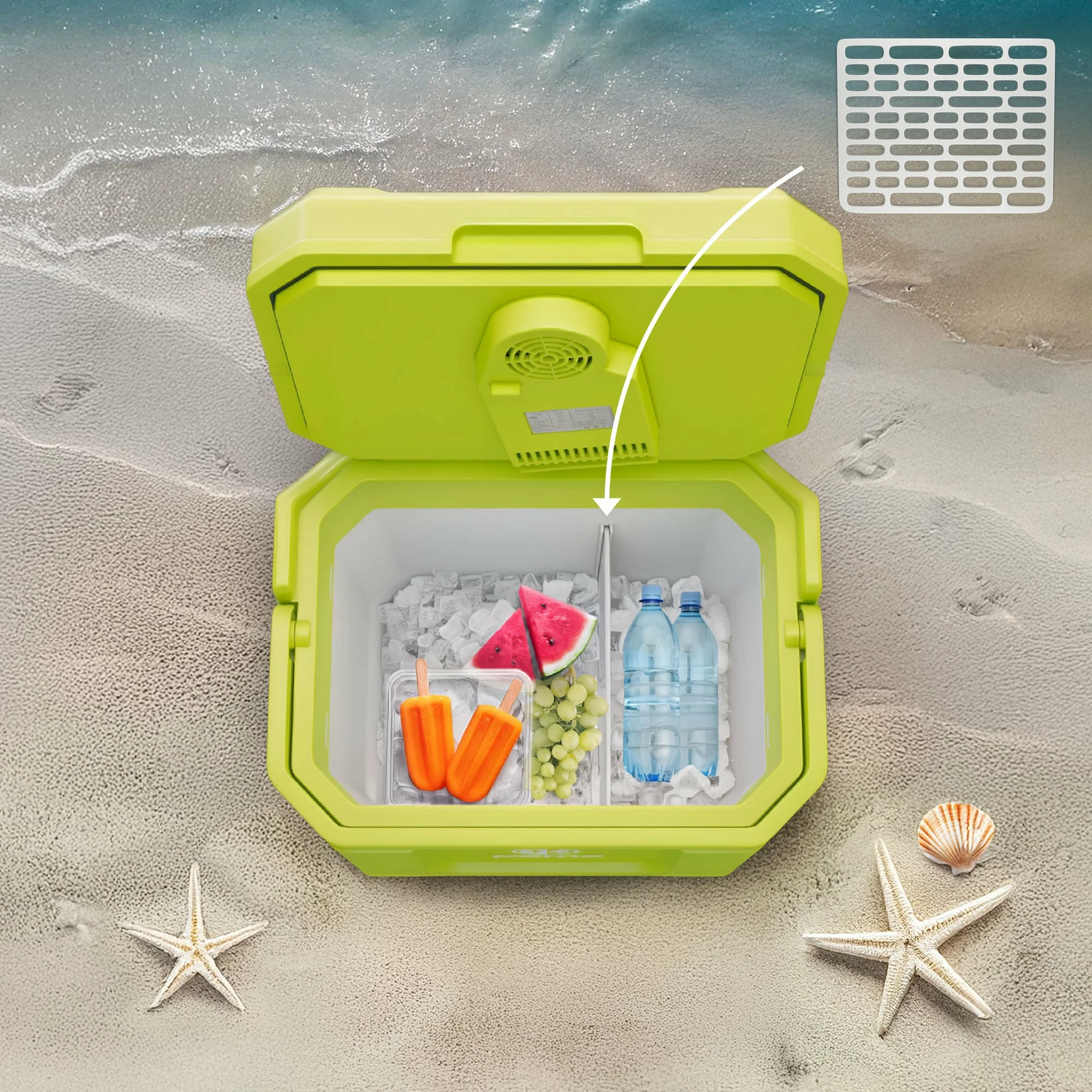 Frigorifer portativ Peme Trip 31.5 L, me ftohje/ngrohje, Bluetooth altoparlant, USB, AC/DC, i gjelbër