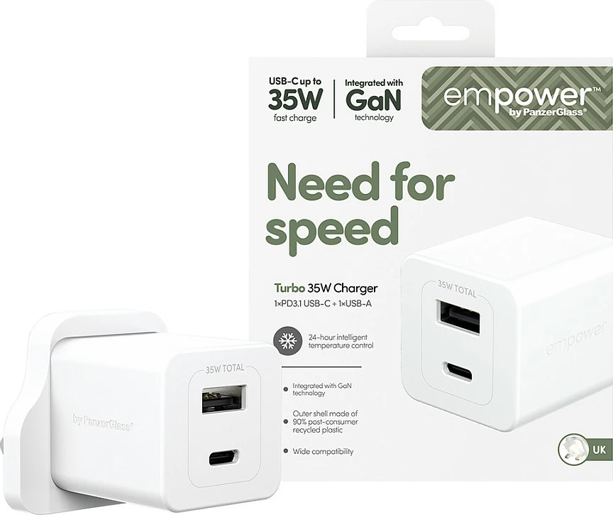 Karikues PanzerGlass empower Turbo 35W, USB-C + USB-A, prizë UK, i bardhë