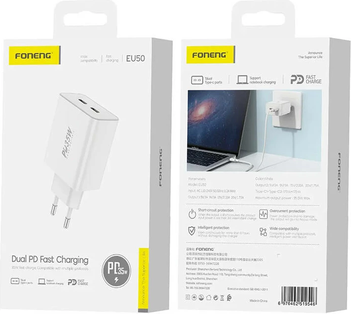 Karikues muri Foneng EU50, 35W, 2x USB-C, Bardhë