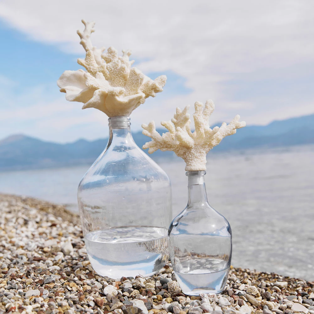 Shishe dekorative Coralli me kapak korali, xham transparent, polirezine bezhë, 27x24x65cm