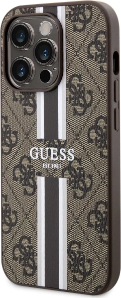 Mbështjellës Guess GUHMP14LP4RPSW për iPhone 14 Pro 6.1", 4G Printed Stripes MagSafe, Kafe