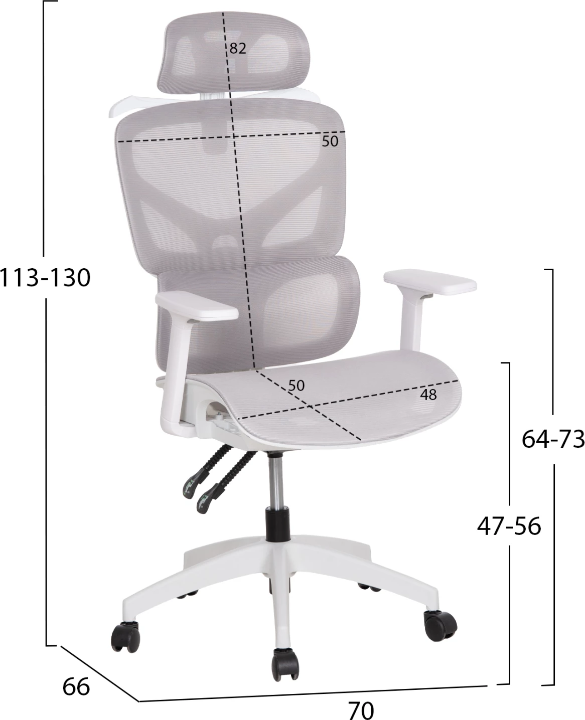 Karrige zyre APEX FH1227.02, PP e bardhë, material rrjetë gri e çelët, 68x68x120-130cm