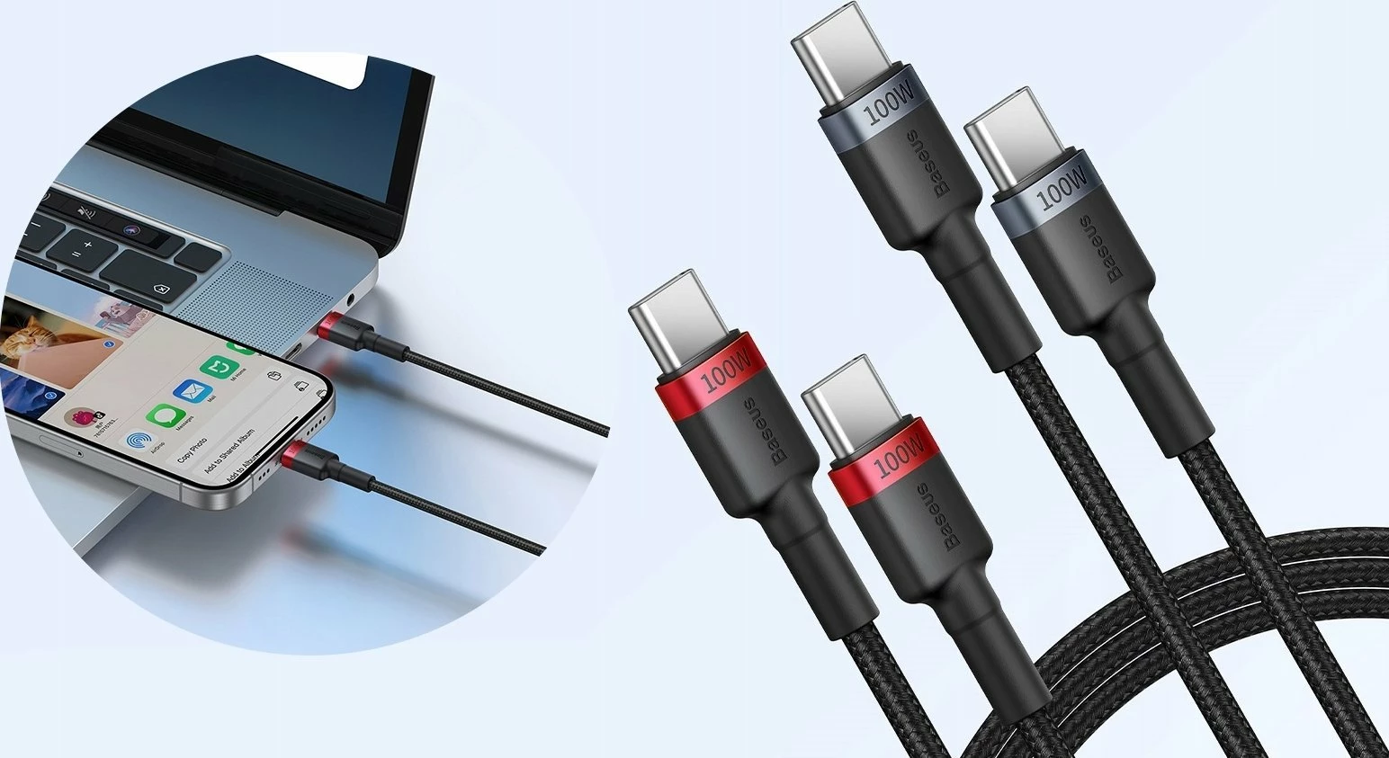 Kabllo USB-C në USB-C Baseus Cafule BSU4887 100W PD 1 m, set 2 copë, e zezë