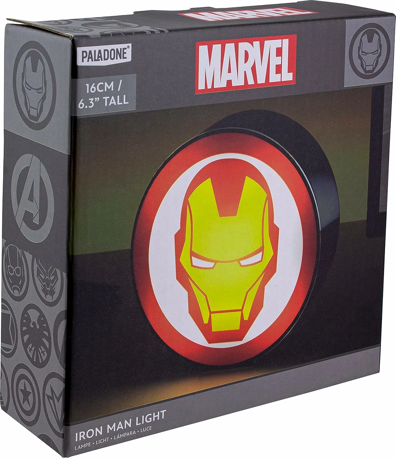 Llambë tavoline Paladone Marvel Iron Man Box Light 15 x 15 x 5 cm, me bateri AAA, kuqe/verdhë