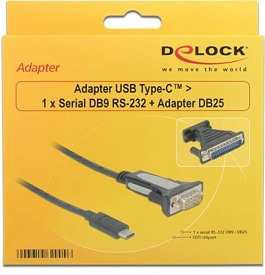 Adaptor kabllo USB-C në Serial RS-232 DeLOCK 62904, 1.8 m, DB9/DB25, e zezë
