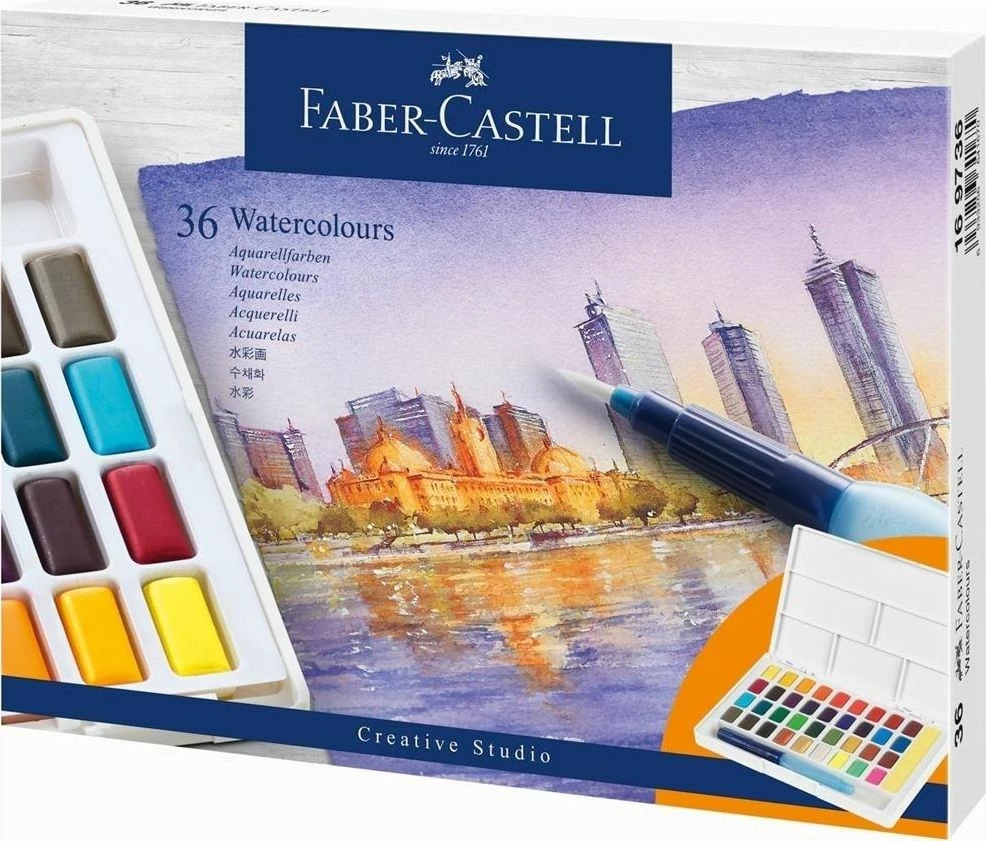 Set boja akvareli Faber-Castell Creative Studio CS Blocks 36 ngjyra me paletë dhe brushë
