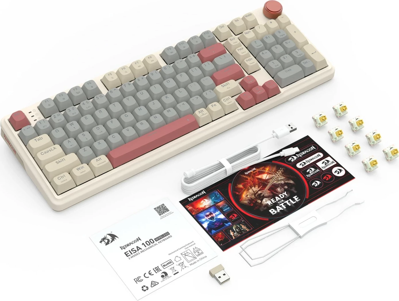 Tastierë gaming Redragon Eisa K768WGR-WL, mekanike 96% 99 taste, wireless Bluetooth/2.4G, RGB, hot-swap, 8000mAh, kafe