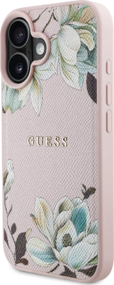 Mbështjellës Guess Grained Printed Flower Pattern MagSafe për iPhone 16, Rozë