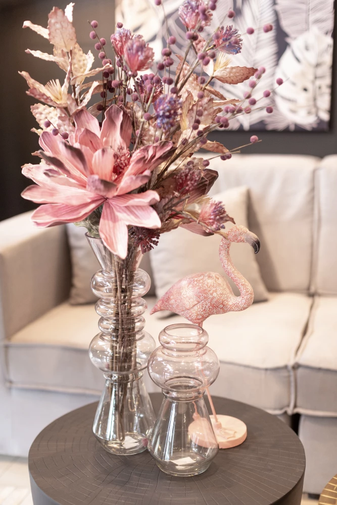 Vazo dekorative prej qelqi, rozë dhe e gjelbër, 14x14x46cm