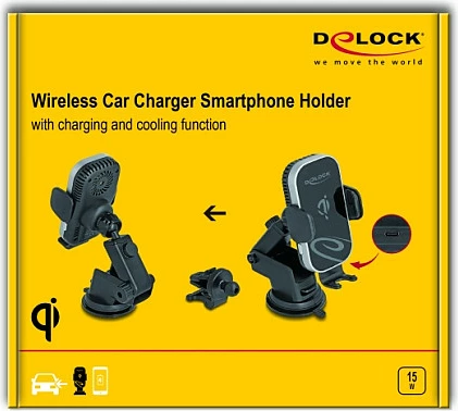 Mbajtës celulari me karikues wireless DeLOCK Qi 15W, me ftohje, USB-C, zi/gri