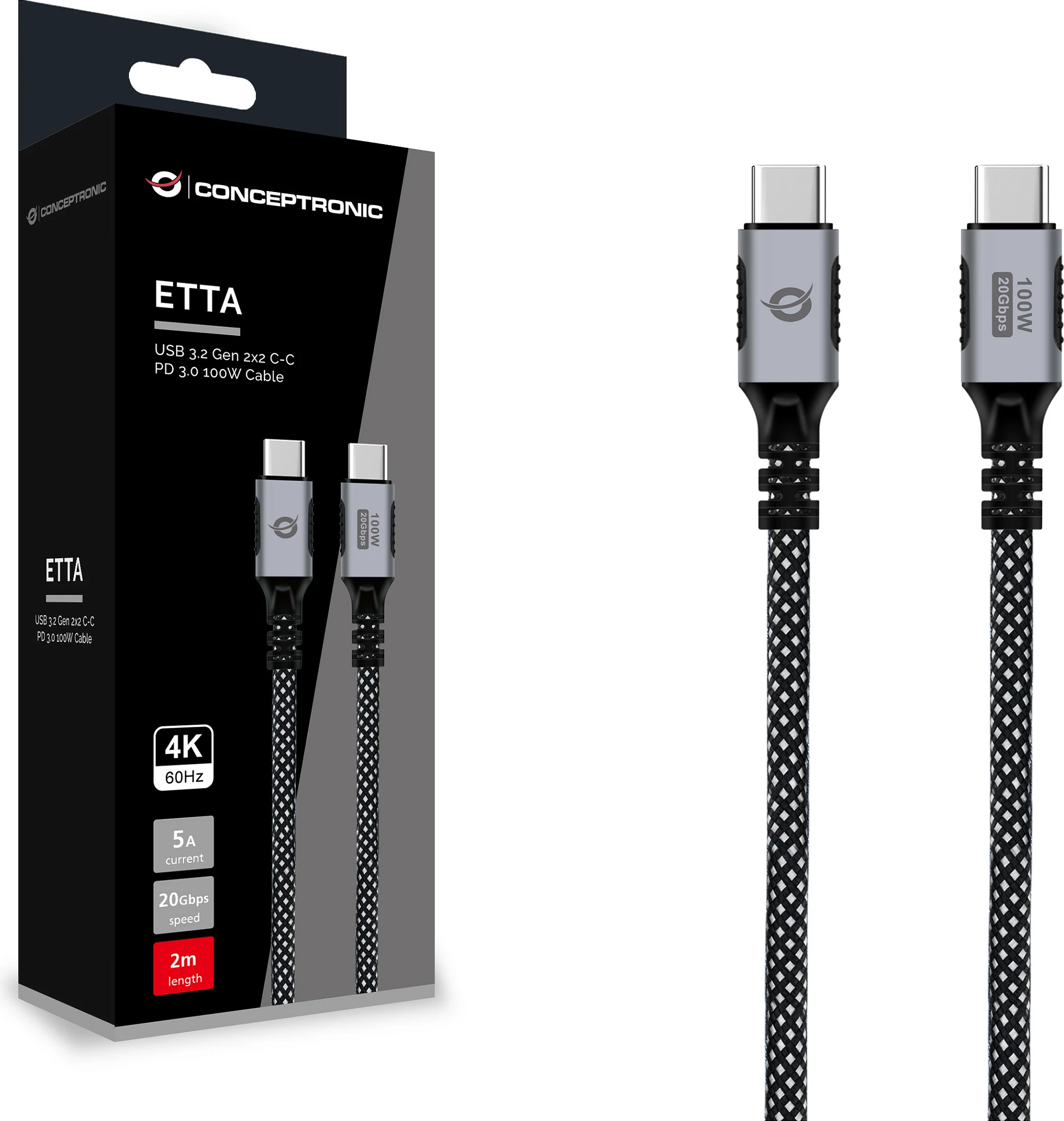 Kabllo USB-C Conceptronic ETTA07B20, 2 m, PD 100W, 20Gbps, 4K@60Hz, e zezë
