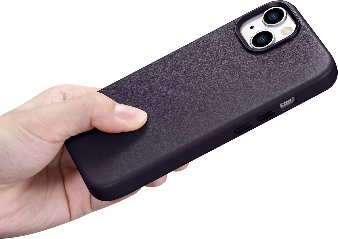 Mbështjellës iCarer për iPhone 14 Plus, lëkurë natyrale, MagSafe, Vjollcë e errët