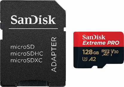 Kartelë memorje microSDXC SanDisk Extreme PRO 128GB UHS-I A2 U3 V30 me adapter SD, kuqe/zezë