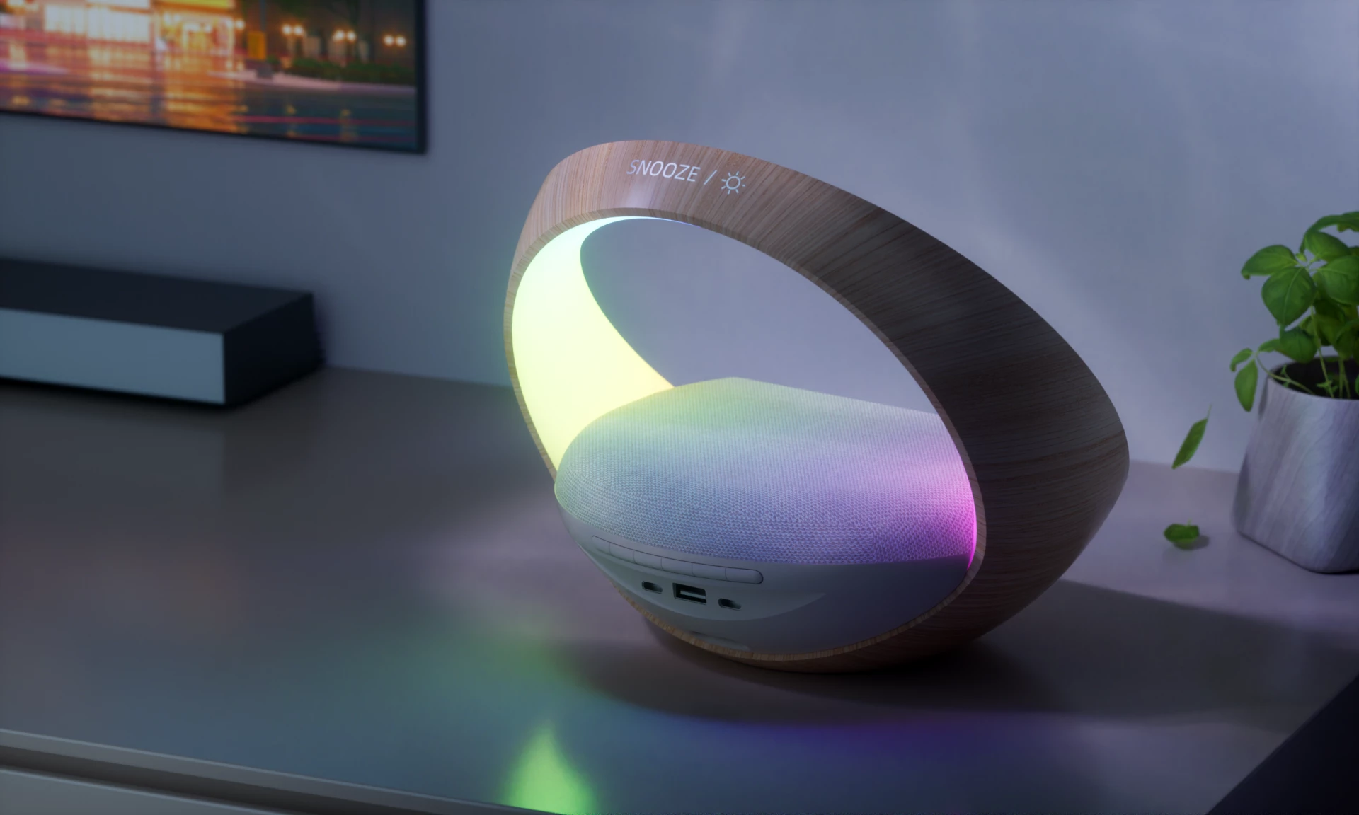 Llambë nate Moye Aurora Glow, orë me alarm, altoparlant Bluetooth 2x5W, karikim pa kabllo Qi deri 15W, bateri 2400mAh, finish imitim druri