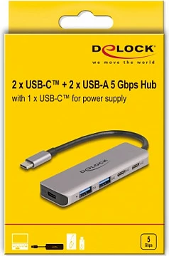 USB hub DeLOCK 5Gbps, USB-C host, 2x USB-A + 2x USB-C, metal, 0.15m, gri
