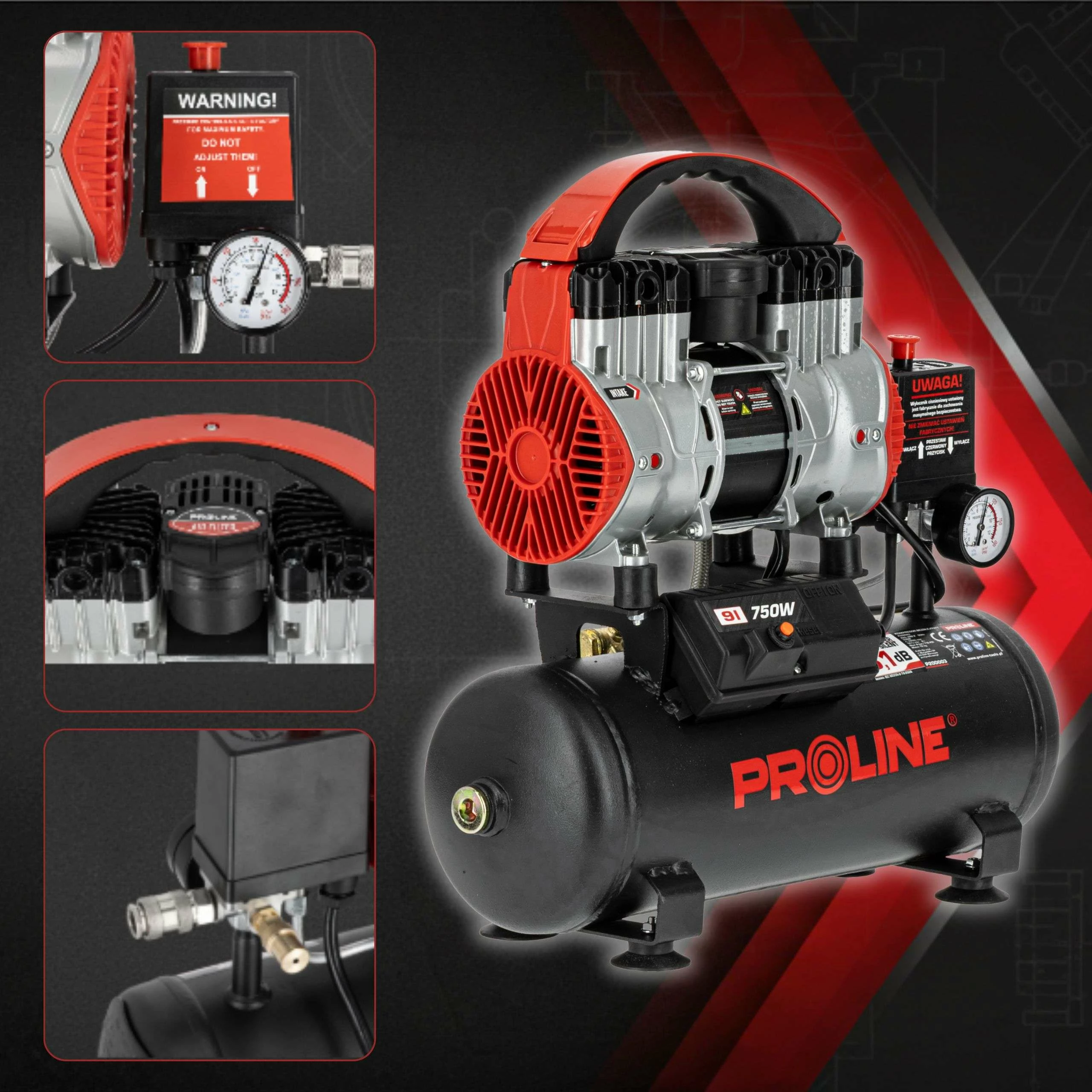 Kompresor ajri pa vaj PROLINE P200003, 9L, 750W/1HP, 8 bar, 167 L/min, kuqe/zezë