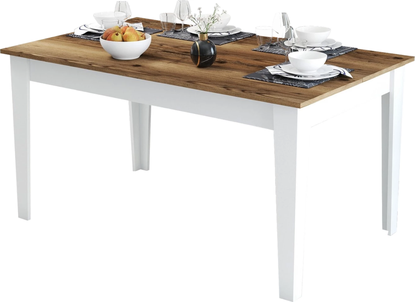 Tavolinë ngrënie standarde, FH9507.07, melaminë, ngjyrë e bardhë-dru arre, me hapësirë ruajtjeje, 145x88x75H cm