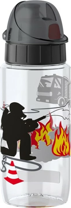 Shishe uji Emsa Drink2Go Tritan 0.5L AutoClose, dizajn zjarrfikës, transparente/kapak i zi