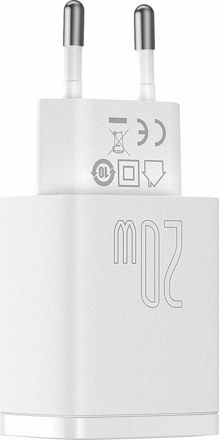 Karikues rrjeti Baseus Compact 6953156207240, 20W, 1x USB-A + 1x USB-C, 3A, PD 3.0/QC 3.0, bardhë