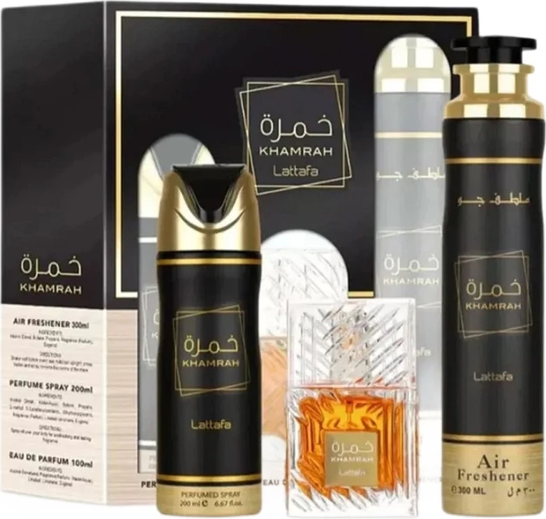 Set Eau de Parfum unisex Lattafa Khamrah, 100ml + deodorant 200ml + air freshener 300ml